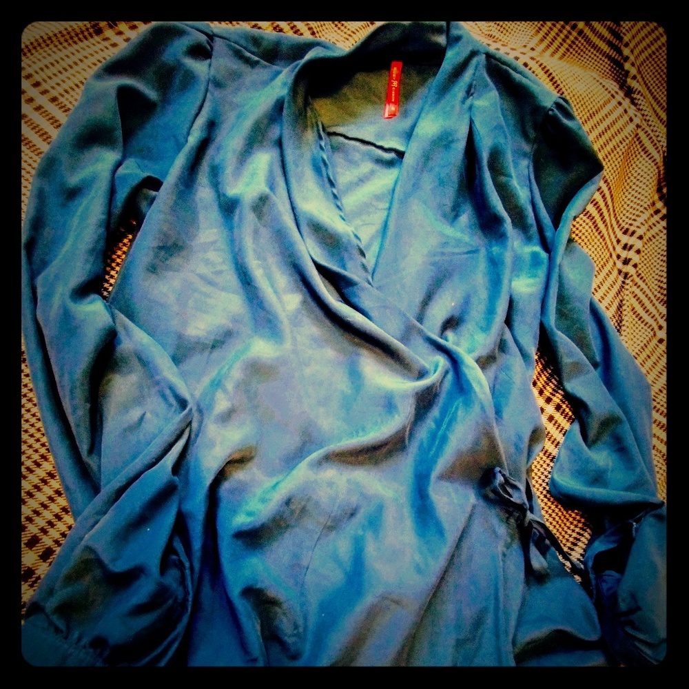 Ruby ribbon wraptop silky teal blouse